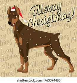 Vector Christmas polygon dog collection. Dog in Christmas Santa hat.  Doberman Pinscher
