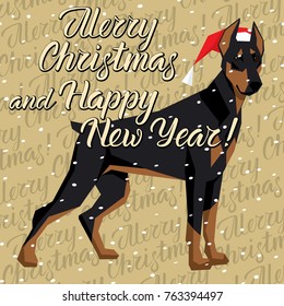 Vector Christmas polygon dog collection. Dog in Christmas Santa hat.  Doberman Pinscher