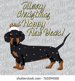 Vector Christmas polygon dog collection. Dog in Christmas Santa hat. Dachshund