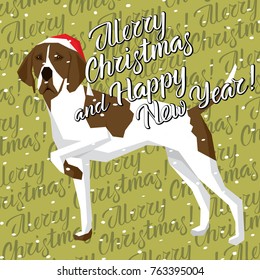 Vector Christmas polygon dog collection. Dog in Christmas Santa hat. English Pointer