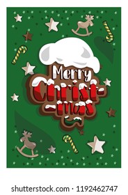 Vector Christmas post card with funny decorations and lettering Merry Christmas  on a green background. Christmas graphic. Merry Christmas design.