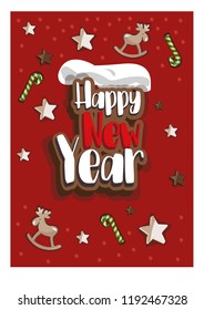 Vector Christmas post card with funny Christmas decorations and lettering Happy New Year on a red background. Christmas graphic. Merry Christmas design.