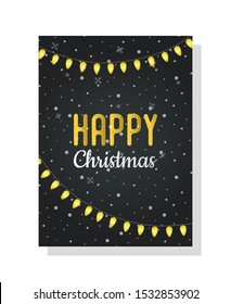 Vector Christmas postcard with glowing garland. Black background with snow and yellow lamps. Decorative banner, poster