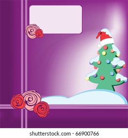 vector christmas postcard with roses and xmas tree