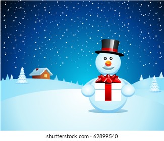 Postal de navidad vectorial con muñeco de nieve y regalo. Eps 10