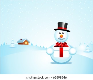 Vector christmas postcard with snowman and gift. Eps 10