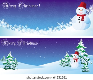 Vector christmas postcard with snowman and needles
