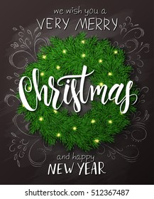 Vector christmas poster with christmas decoration spruce wreath with shiny bulbs and lettering greetings text.