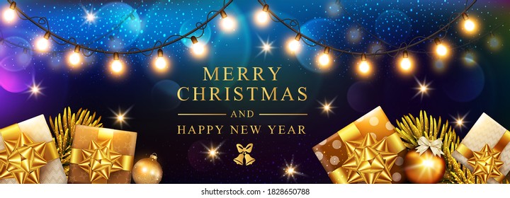 Afiche navideño vectorial con decoraciones, bolas, cajas de regalos, guirnaldas, ramas de abetos sobre un fondo oscuro y brillante. Banner de navidad horizontal, tarjetas de felicitación, cabeceras.