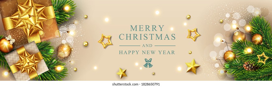 Vector Christmas Poster with decorations, balls, gifts boxes, garlands, fir branches, stars on a beige background. Horizontal christmas banner, greeting cards, headers.