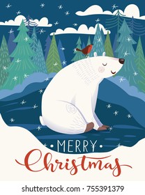 Vector Christmas poster design with cute crtoon polar bear 