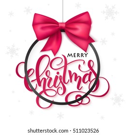 vector christmas poster with hand lettering golden label christmas in christmas ornament shape with ribbon bow