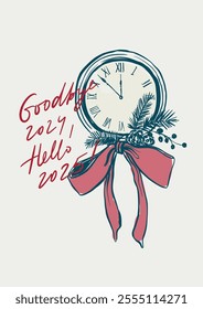 Vector Christmas poster with holiday watch. Hand-drawn vintage poster with handwritten short phrase isolated on beige background. Illustration for design, print, fabric or background. Goodbye 2024.