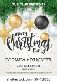 Vector christmas poster with christmas ornaments and stars, handing on fir-tree branches and lettering greetings word - christmas