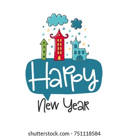 Vector Christmas poster with phrase, house and decor elements. Typography card, color image. Happy new year. Design for t-shirt and prints.