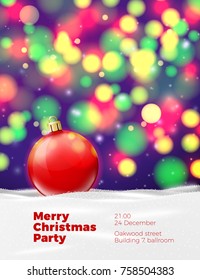 Vector Christmas poster template with red ball on background with blurred xmas lights.