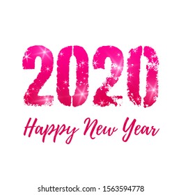 Vector christmas poster with textured sparkling pink 2020 and text Happy New Year. Isolated on white background. 
