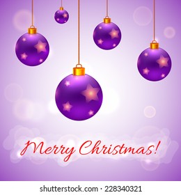 Vector Christmas present card. Five violet christmas balls with stars on light purple background