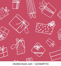 Vector Christmas present gift box line art seamless pattern.Great for scrapbooking, wallpaper, fabric, gift wrapping and more