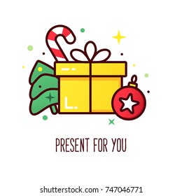 Vector Christmas presents, candy cane and christmas tree, isolated on white background, modern concept for wish list.