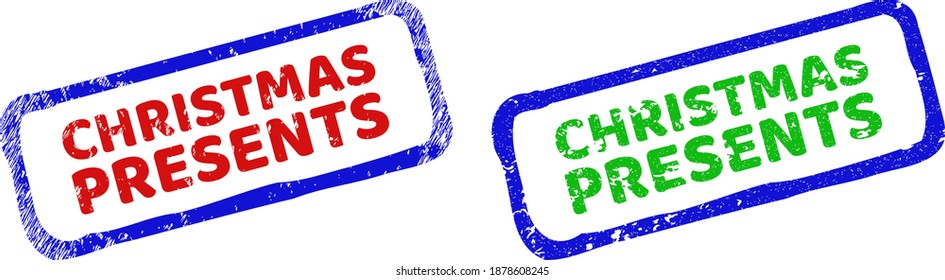 Vector CHRISTMAS PRESENTS framed watermarks with distress surface. Rough bicolor rectangle stamps. Red, blue, green colors used.