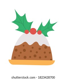Weihnachtskuchen mit heiligen Blättern und roten Beeren einzeln auf weißem Hintergrund. Cute lustige Illustration von Neujahrsgebäck. Traditionelles Winterdessertsymbol
