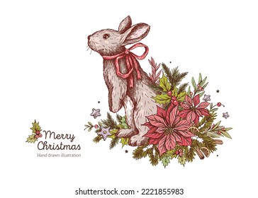 Vector Christmas rabbit in graphic style. Hare with Christmas plants, fir branches, poinsettia, stars. Christmas decoration. Symbol of the year 2023. Hand drawn vintage Christmas for invitation, flyer
