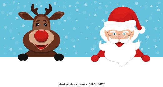 vector Christmas raindeer Rudolph  with red nose  and Santa Claus in red hat smiling . cute design for card, logo, banner, label, tag, design, xmas on blue background with snow