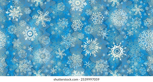 Vector Christmas rblue seamless pattern with white and golden snowflakes and wave strips