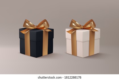 Vector Christmas realistic gifts. Set of isolated presents with golden bow. 3D illustration