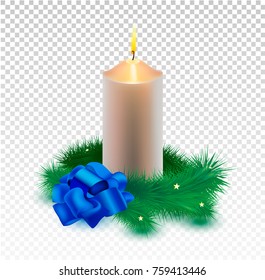 vector christmas realistic golden candle and christmas tree branch and blue bow tie isolated on transparent background