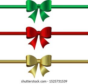Vector christmas realistic satin bow set or collection. Green, red and gold colored bows
