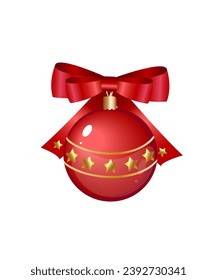 Vector christmas red ball with gold stars and red bow ribbon. Great decorative element for your Christmas and New year design.