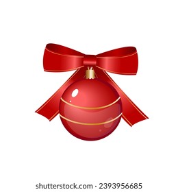 Vector christmas red ball with gold stars and red bow ribbon. Great decorative element for your Christmas and New year design.