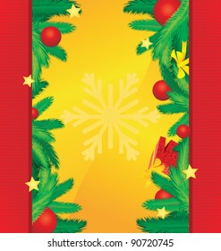 vector christmas red borders on golden background with xmas tee brunches, balls and stars vintage background  high detailed composition grunge idea