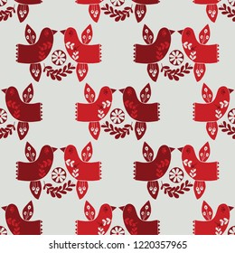 Vector christmas red folk birds seamless pattern on light cream background. Ideal for fabric, textiles, print on demand, stationery. Use on Holidays like Christmas and Valentine's day.