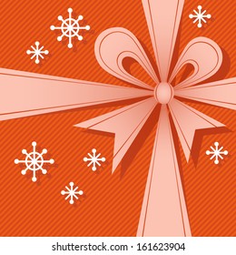 Vector Christmas red gift box with ribbon, big bow, snowflakes. Festive background for invitation, greeting card. Simple abstract holiday decorative winter illustration for print, web 