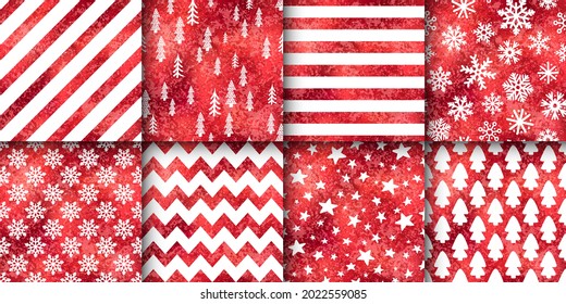 Vector Christmas Red Gold Seamless Pattern Set. Winter golden foil repeat texture stripes, zigzag, hand drawn snowflake, star, Christmas tree. Shiny metal print for background, wallpaper, wrapping.