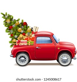 Vector Christmas Red Pickup isolated on white background