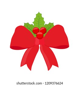 Vector Christmas red ribbon with holly, xmas symbol. Cartoon object for celebration, packing box with gifts. Satin elegant bow with green plant.