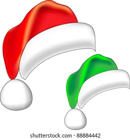 vector Christmas red Santa Claus hat and Christmas elf green bell isolated on white background