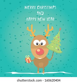 vector Christmas reindeer holding gift and christmas tree