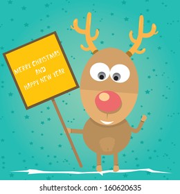 vector Christmas reindeer holding wooden sign board for text