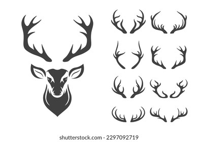 Vector Christmas Reindeer Horns, Antlers. Deer Horn Silhouettes. Hand Drawn Deers Horn, Antler Set. Animal Antler Collection. Design Elements of Deer. Wildlife Hunters, Hipster, Christmas Concept