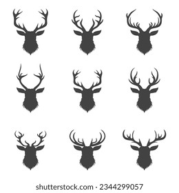 Vector Christmas Reindeer Horns, Antlers. Deer Horn Silhouettes. Hand Drawn Deers Horn, Antler Set. Animal Antler Collection. Design Elements of Deer. Wildlife Hunters, Hipster, Christmas Concept