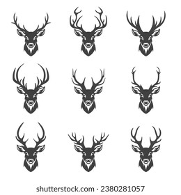Vector Christmas Reindeer Horns, Antlers. Deer Horn Silhouettes. Hand Drawn Deer Horn, Antler Set. Animal Antler Collection. Design Elements of Deer. Wildlife Hunters, Hipster, Christmas Concept