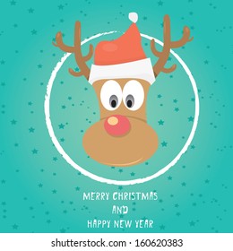 vector Christmas reindeer in Christmas red hat.