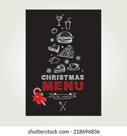 Vector christmas restaurant brochure, menu design. Vector holiday template with xmas hand-drawn graphic. Happy New Year invitation flyer.