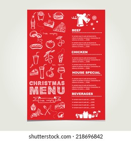 Vector christmas restaurant brochure, menu design. Vector holiday template with xmas hand-drawn graphic. Happy New Year invitation flyer.