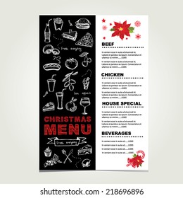 Vector christmas restaurant brochure, menu design. Vector holiday template with xmas hand-drawn graphic. Happy New Year invitation flyer.